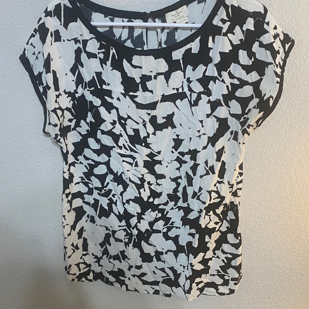 kate spade Black and White Floral Print Short Sleeve Blouse